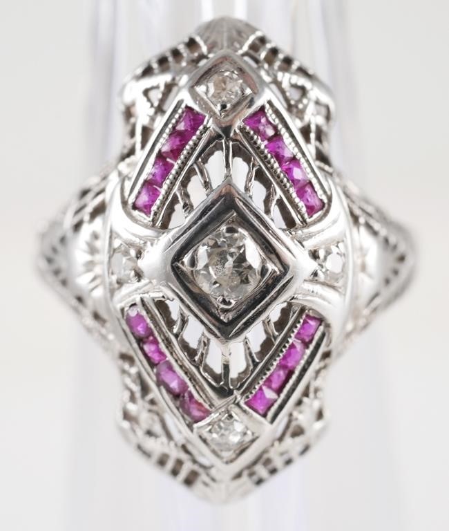 Appraisal: Edwardian K white gold diamond ruby filigree ring size Circa