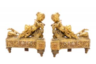 Appraisal: Pair Louis XV Style Bronze Figural Chenets Continental likely French