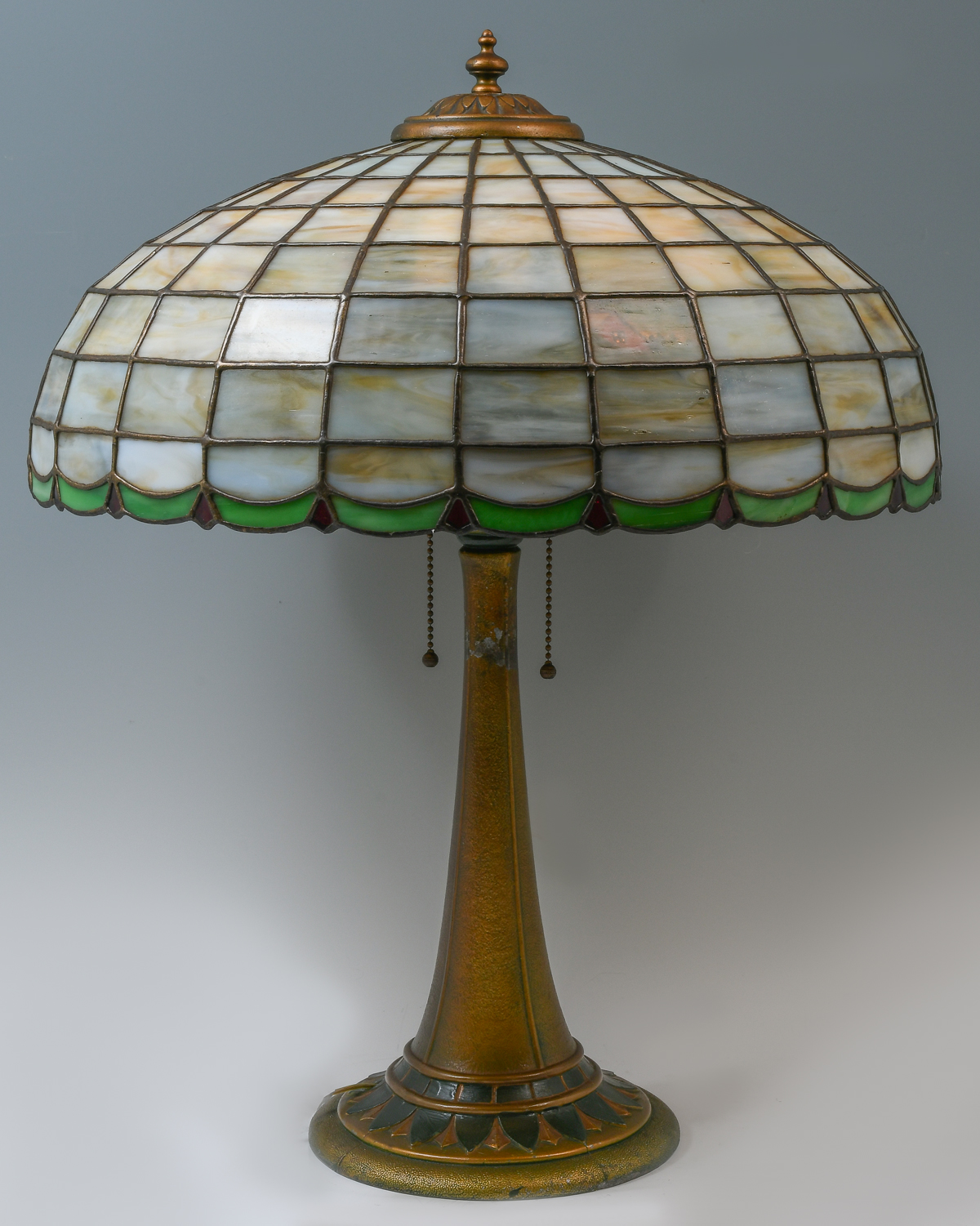 Appraisal: LAMB BROS REVERSE PAINTED LEADED GLASS LAMP Leaded glass shade