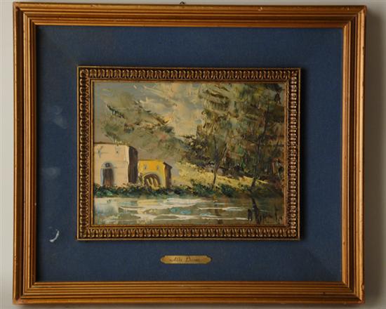 Appraisal: Aldo Pironti Two Buildings Beside River Oil on masonite Signed