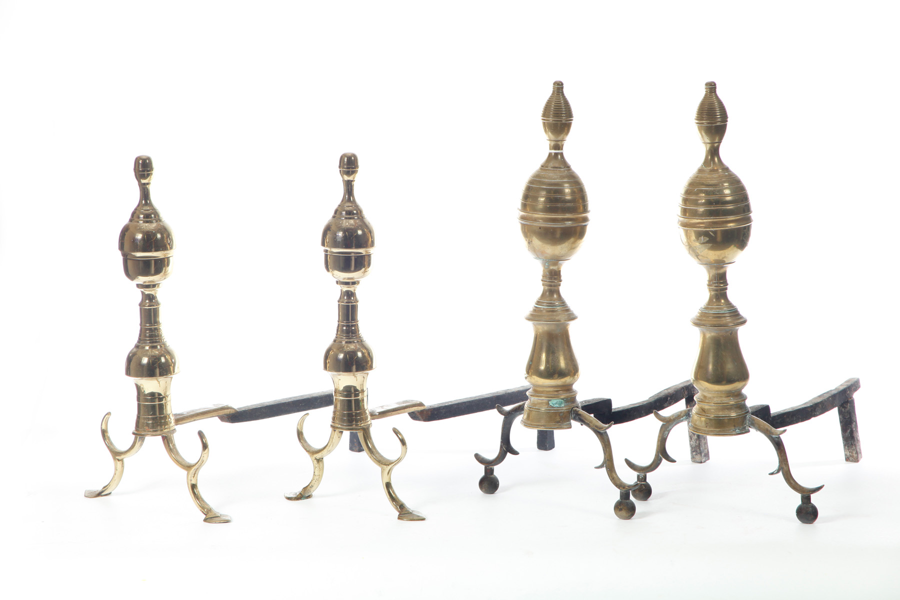 Appraisal: TWO PAIR OF AMERICAN BRASS ANDIRONS Nineteenth century Lemon top