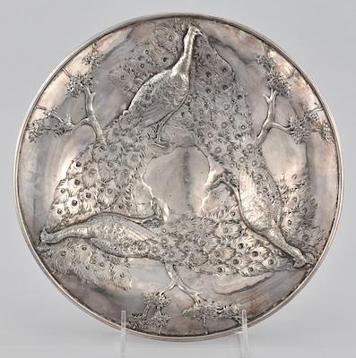 Appraisal: A Silver Plate Peacock Dish The shallow decorative dish stands