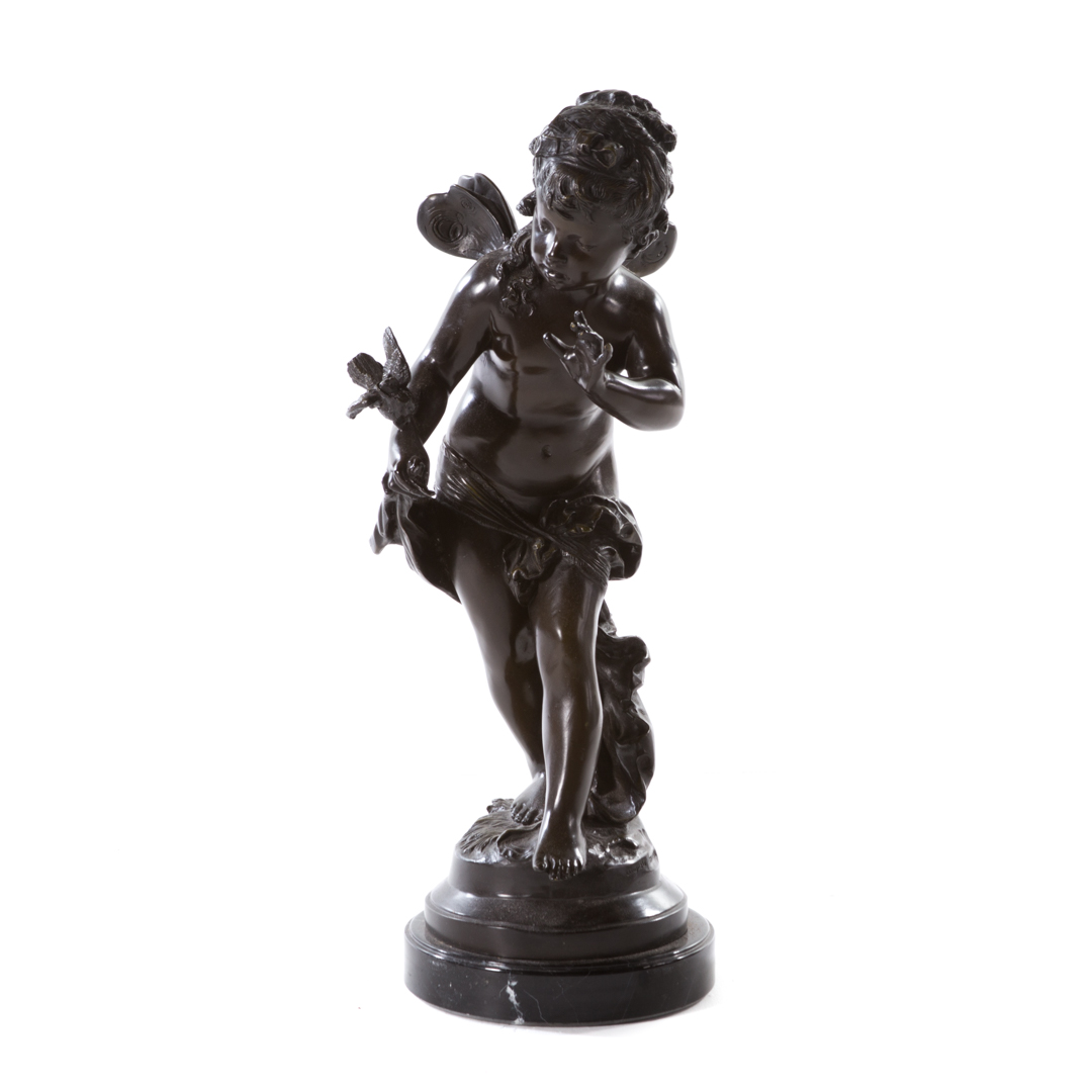 Appraisal: After Auguste Moreau Fairy bronze female fairy holding bird mounted