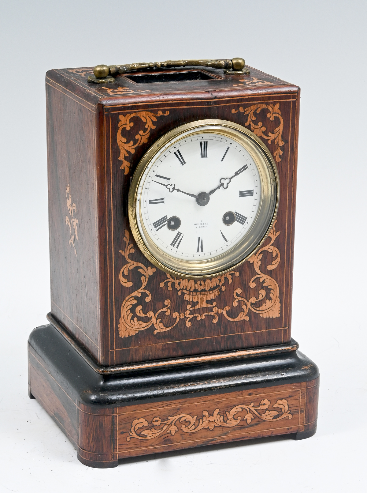 Appraisal: INLAID CARRIAGE CLOCK FACE SIGNED MARC PARIS French inlaid Rosewood