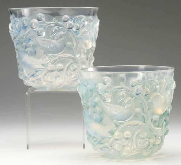 Appraisal: RENE LALIQUE Avallon pair of opalescent vases with bluish patina