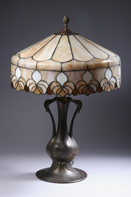 Appraisal: AMERICAN BRONZE AND SLAG GLASS TWO-LIGHT TABLE LAMP early th