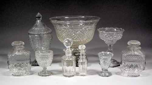 Appraisal: A heavy slice and diamond-cut glass bowl on square pedestal