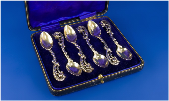 Appraisal: Early th Century German Cased Set of Silver Gilt Ornate