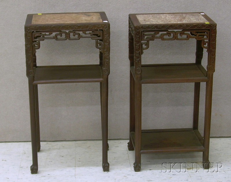 Appraisal: Pair of Chinese Export Marble-inset Carved Hardwood Stands