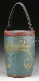 Appraisal: RARE BLUE PAINT DECORATED LEATHER FIRE BUCKET Early th Century