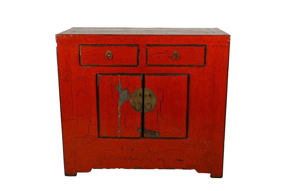 Appraisal: CHINESE-STYLE RED LACQUERED CABINETwith two drawers over a pair of