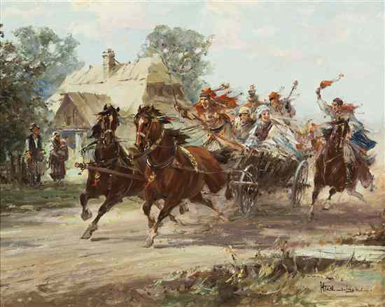 Appraisal: Wladyslaw T Chemielinski Polish b Racing Through Town oil on