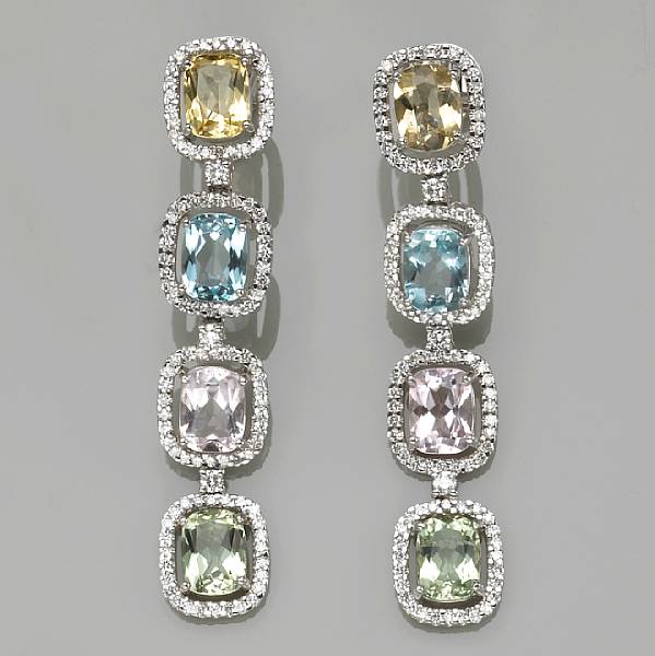 Appraisal: A pair of multi-colored gemstone diamond and k white gold