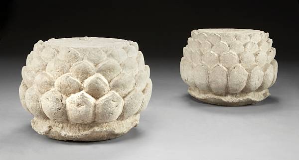 Appraisal: A pair of Chinese lotus blossom form carved stone garden