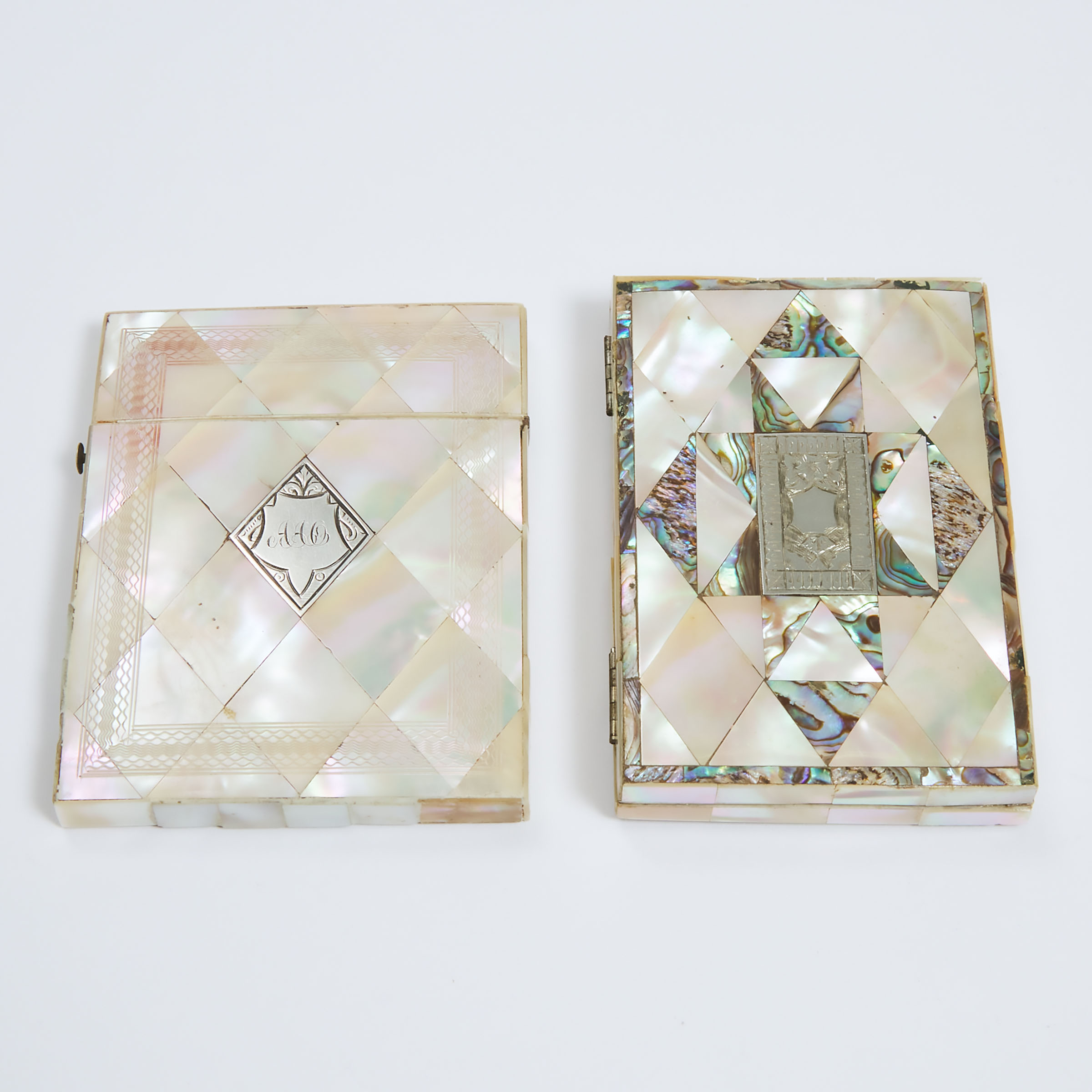 Appraisal: Two Victorian Silver Mounted Abalone Inlaid Card Cases late th