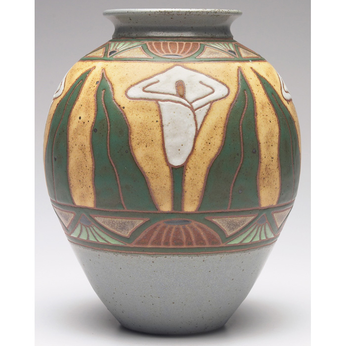 Appraisal: Common Ground vase contemporary bulbous shape with incised colorful lilies