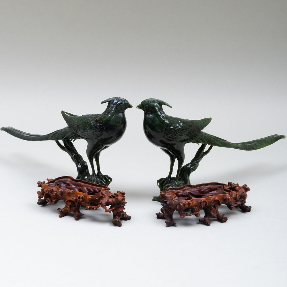 Appraisal: Pair of Chinese Spinach Green Jade Models of Birds x