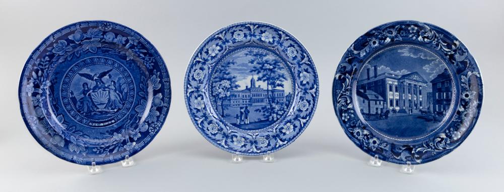 Appraisal: THREE BLUE STAFFORDSHIRE PLATES First Half of the th Century