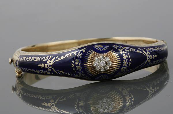 Appraisal: An enamel diamond and k gold bangle inside diameter in