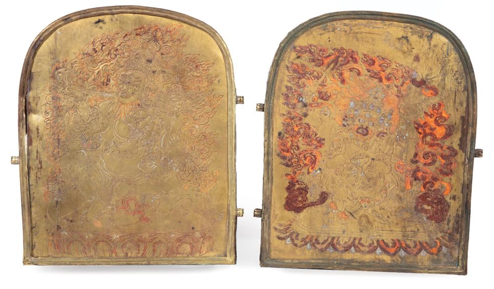 Appraisal: TIBETAN GILT COPPER BOXTibetan Gilt Copper Box incised on either