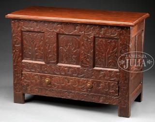 Appraisal: MASSACHUSETTS PILGRIM CENTURY CARVED OAK CHEST Early th century Hadley