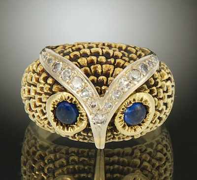 Appraisal: A k Gold Sapphire and Diamond Owl Ring k yellow