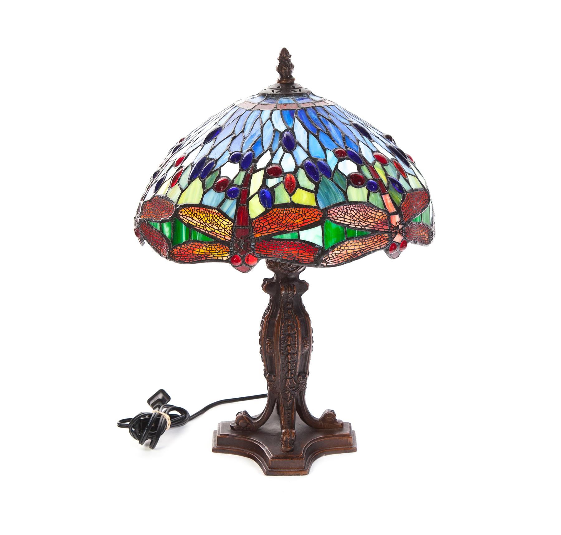 Appraisal: SMALL REPRODUCTION DRAGONFLY LAMP Twentieth century Leaded slag glass shade