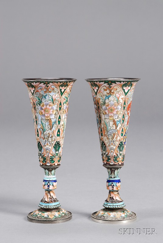 Appraisal: Pair of Russian Export Enameled Flutes modern elongated trumpet bowl