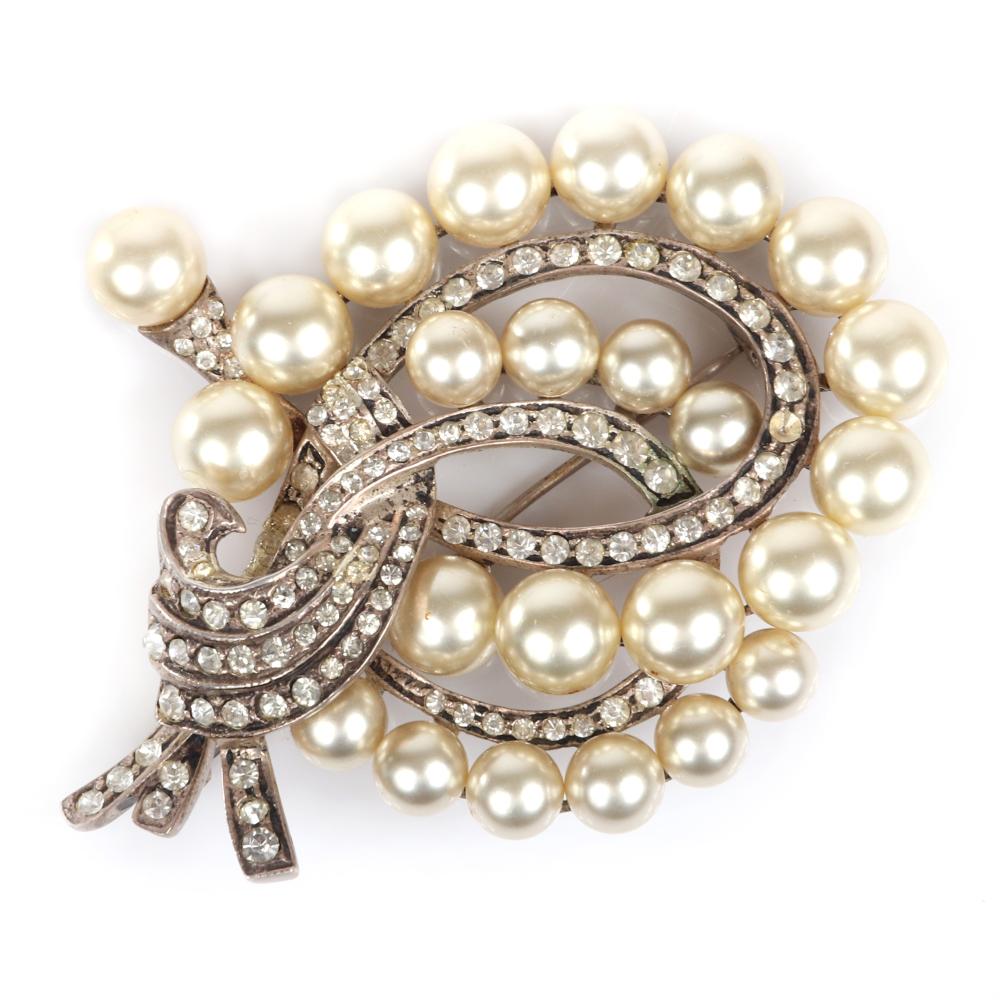 Appraisal: EISENBERG ORIGINAL PEARL AND RHINESTONE STERLING BROOCH WITH GRADUATED FAUX