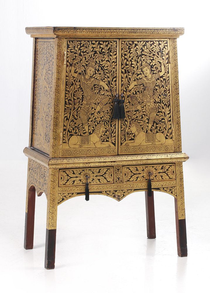 Appraisal: A TH C THAI GILT BLACK LACQUER CABINET WITH BUDDHAS