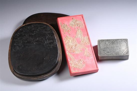 Appraisal: THREE CHINESE SCHOLAR'S ITEMS Inkstone ink cake and copper ink