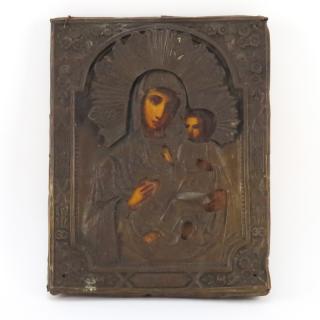 Appraisal: th Century Russian Hand Painted Wood With Copper Overlay Icon