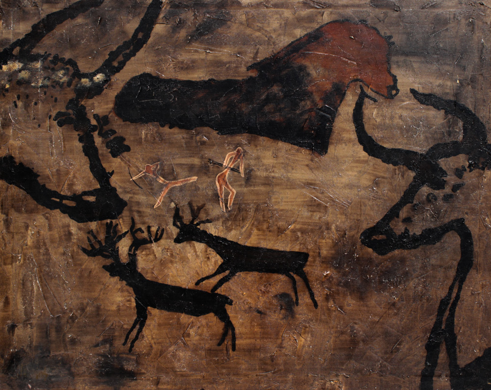 Appraisal: DECORATIVE PREHISTORIC STYLE CAVE PAINTING Oil Canvas '' x ''