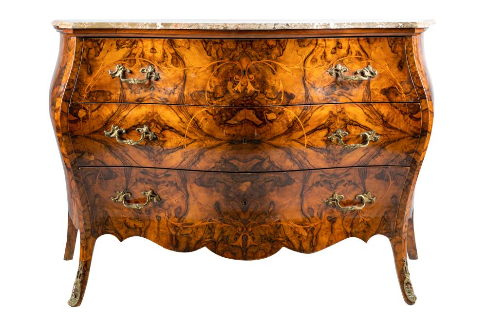 Appraisal: ITALIAN INLAID BOMBE COMMODE th century with a serpentine marble