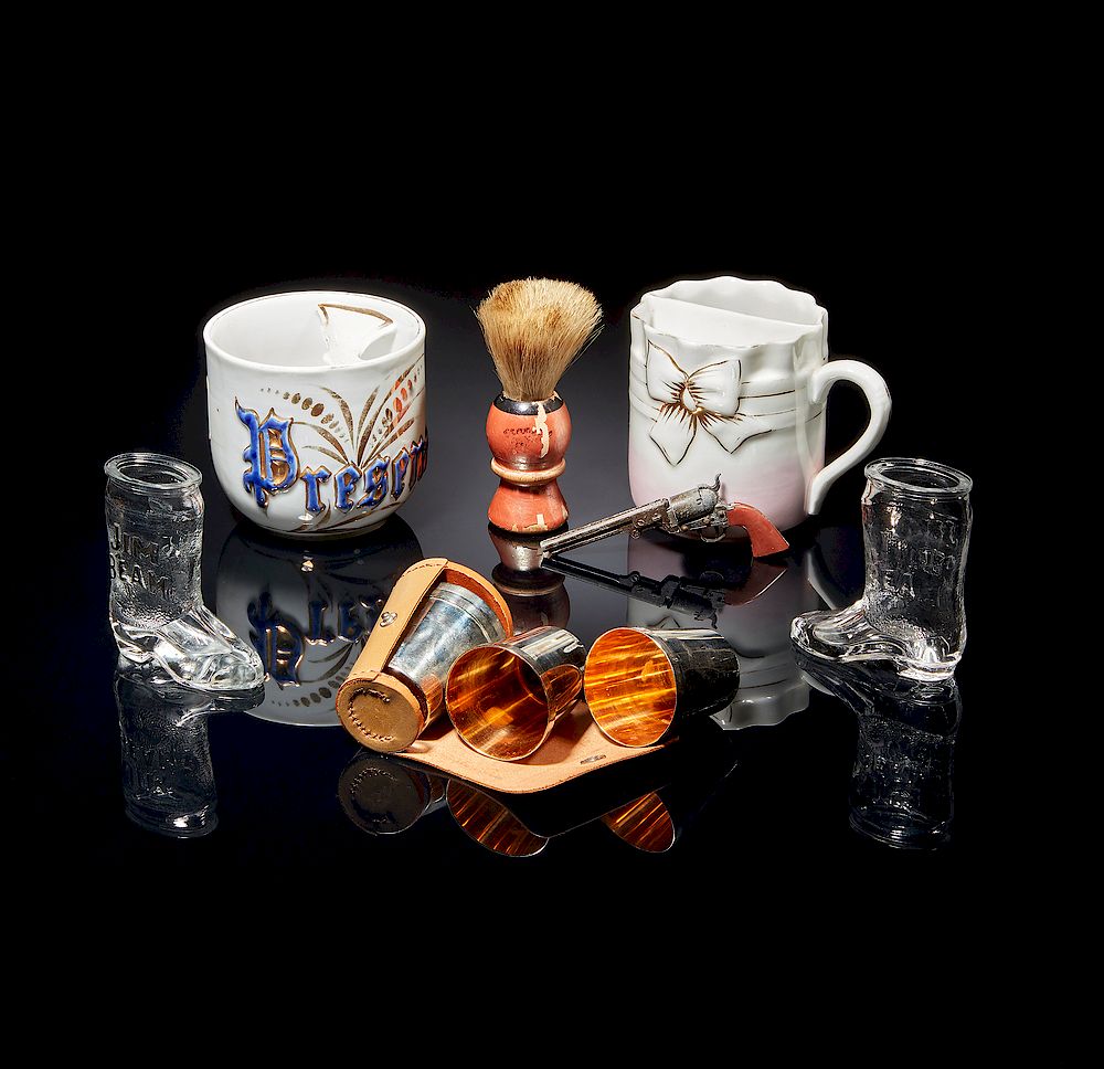 Appraisal: Assorted Shaving Items Assorted items comprising two porcelain shaving mugs