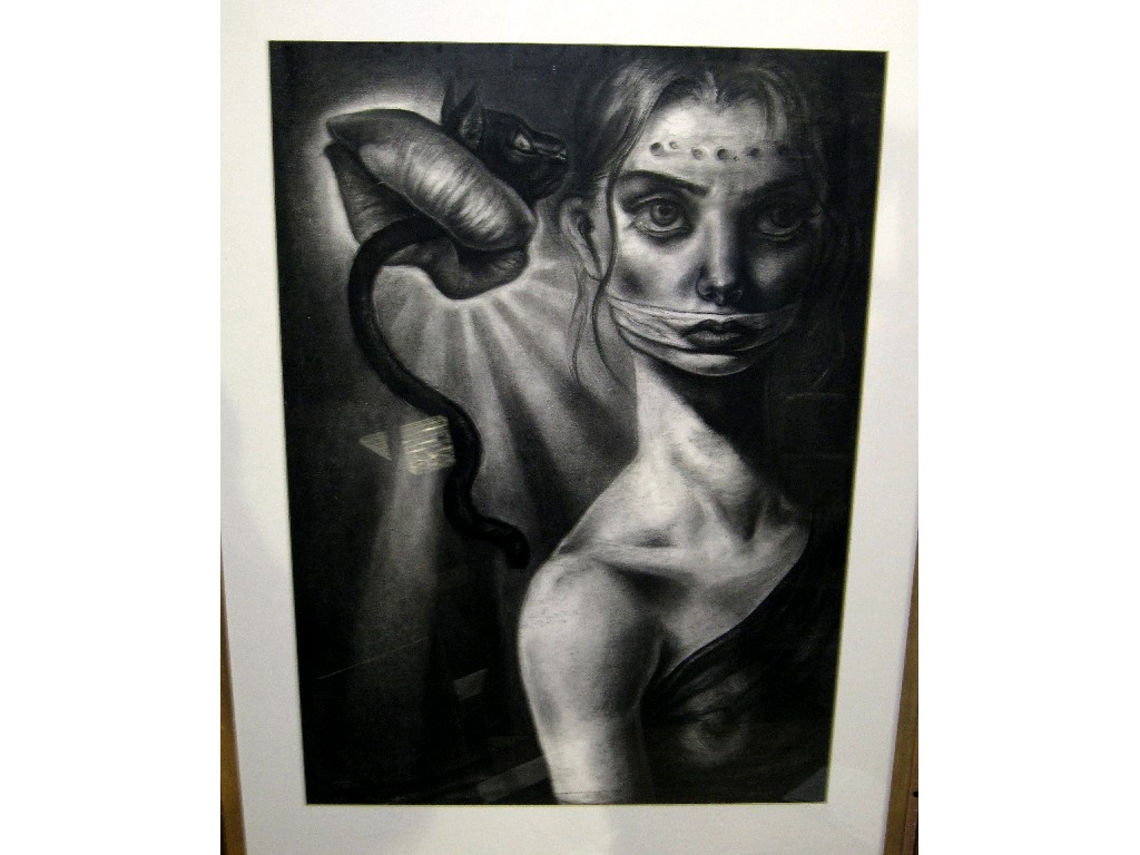 Appraisal: SUZANNAH HARPER Charcoal drawing 'Secret of Sealed Lips' gallery label