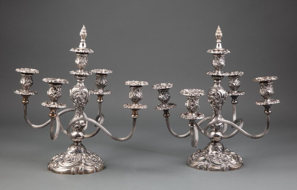 Appraisal: Pair of English Rococo Revival Silverplate Five-Light Candelabra floral and