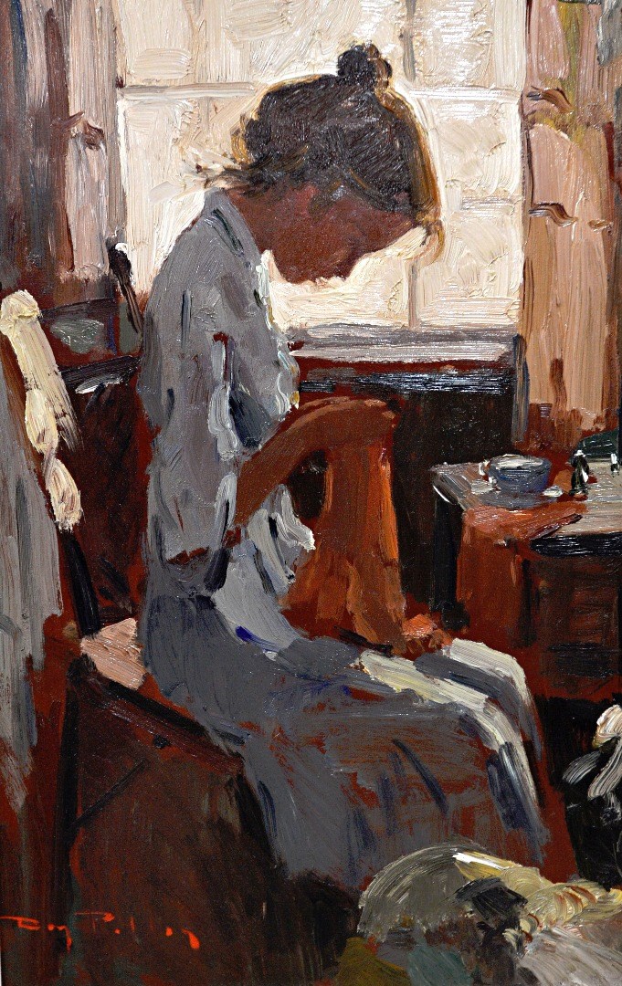 Appraisal: Roy Petley b Girl sewing in an interior oil on