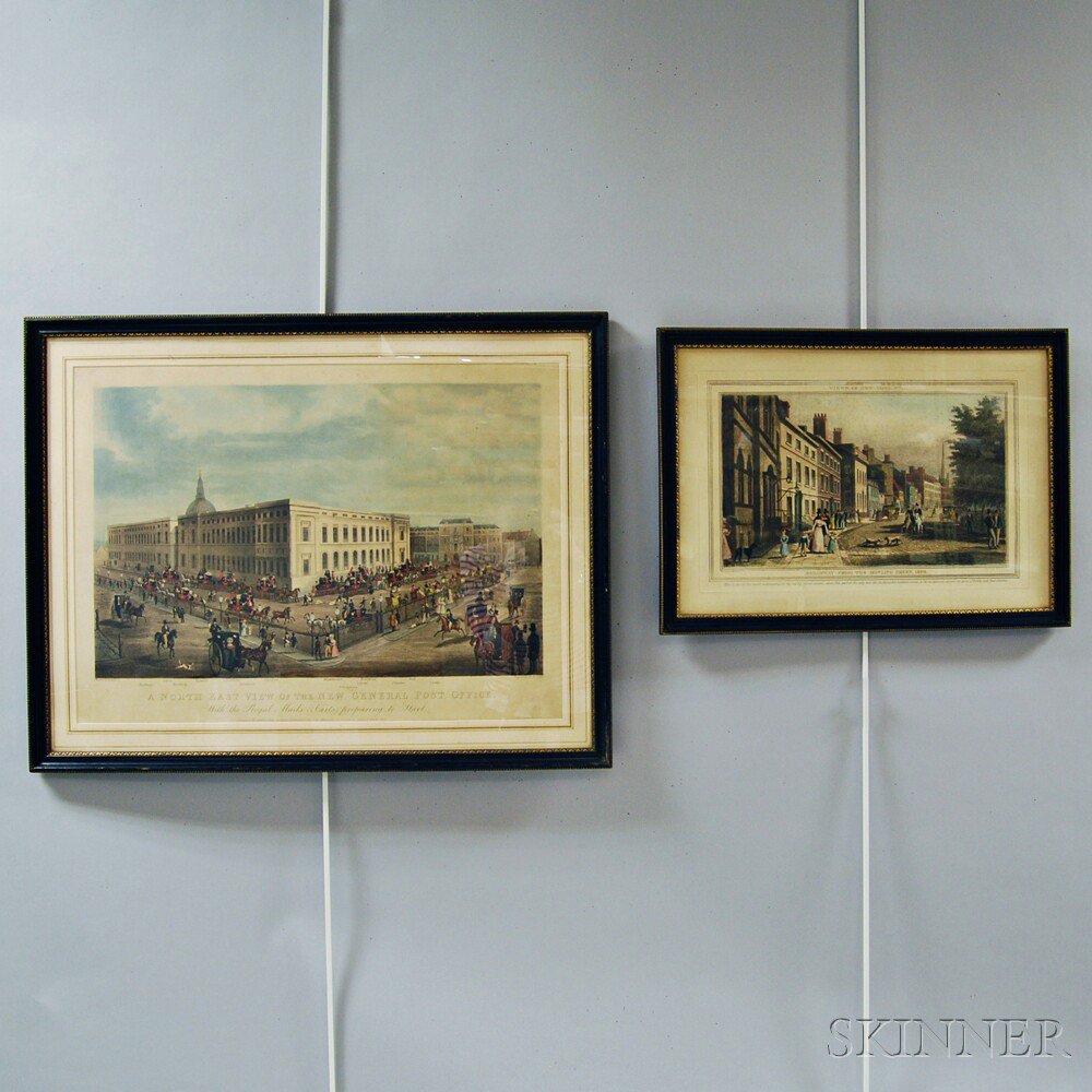 Appraisal: Two Framed Hand-colored Engravings th century Broadway From The Bowling