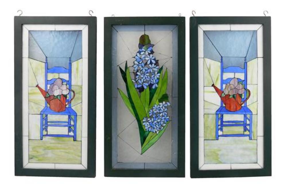 Appraisal: Three Contemporary stained-glass panels in matching frames two matching with