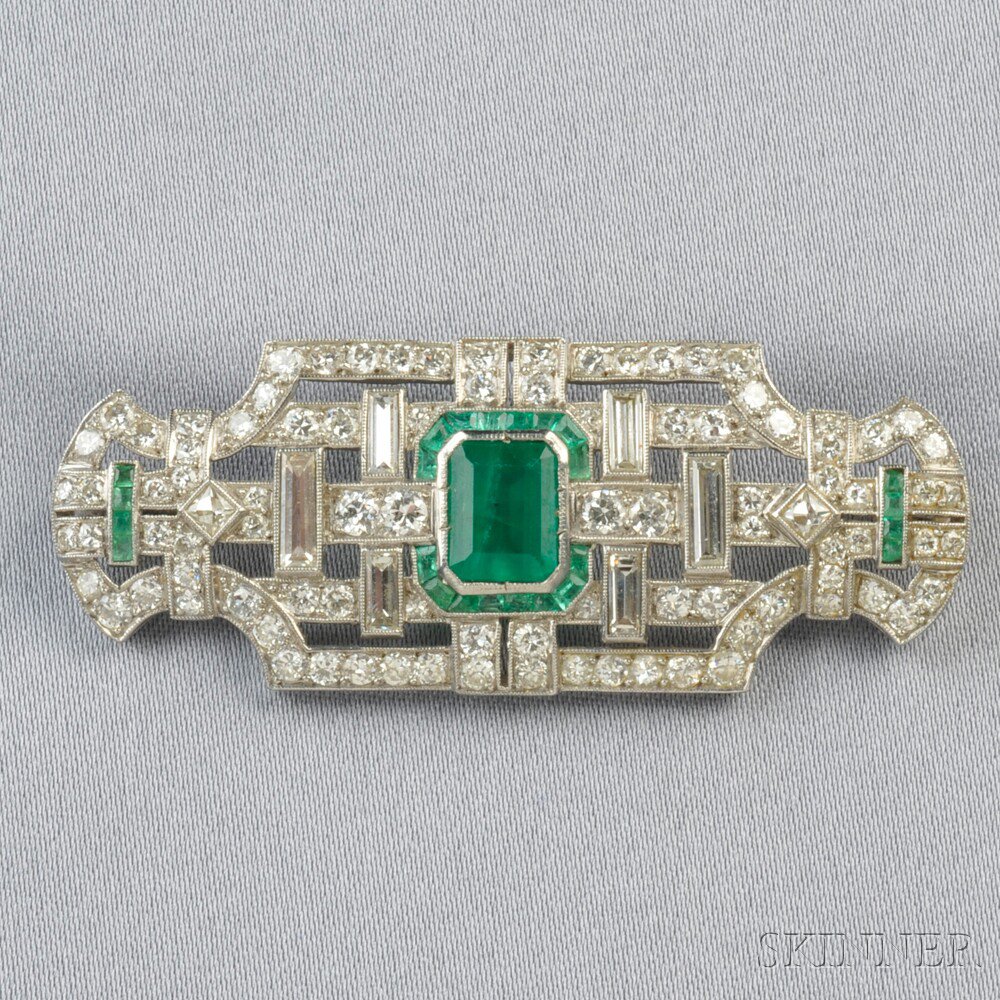 Appraisal: Art Deco Platinum Emerald and Diamond Brooch set with an