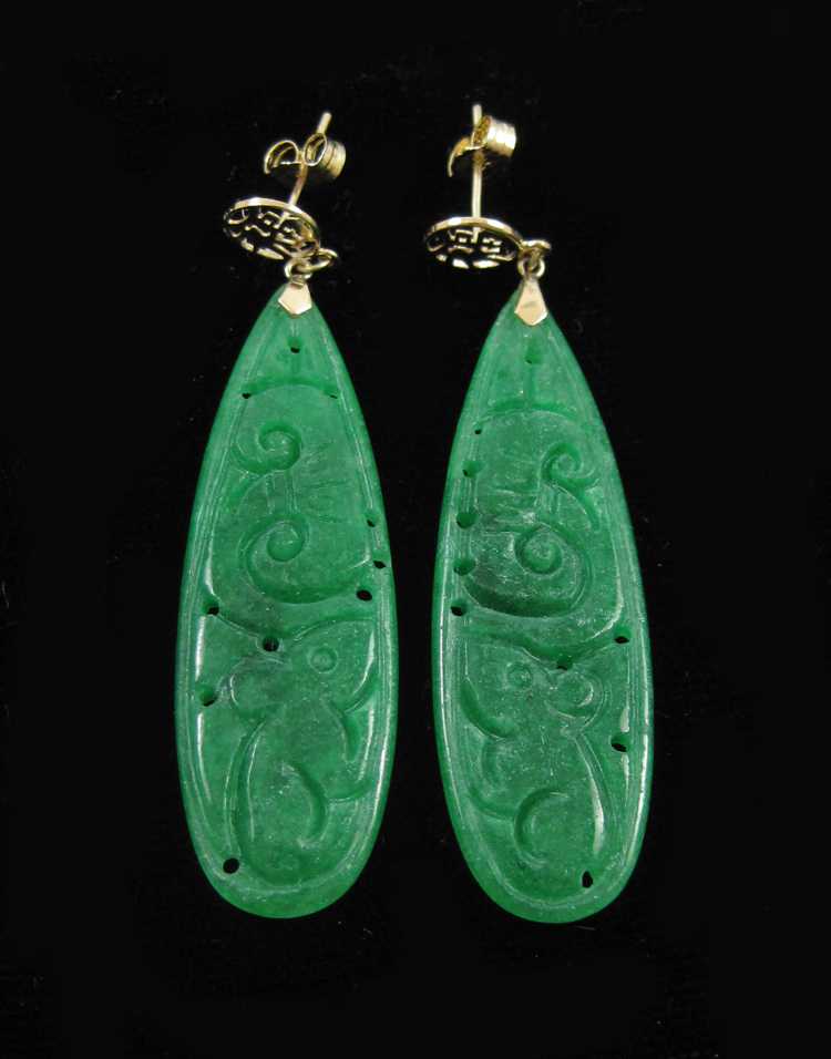 Appraisal: PAIR OF GREEN JADE DANGLE EARRINGS each with a k