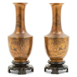 Appraisal: A Pair of Chinese Painted Lacquer Vases EARLY TH CENTURY