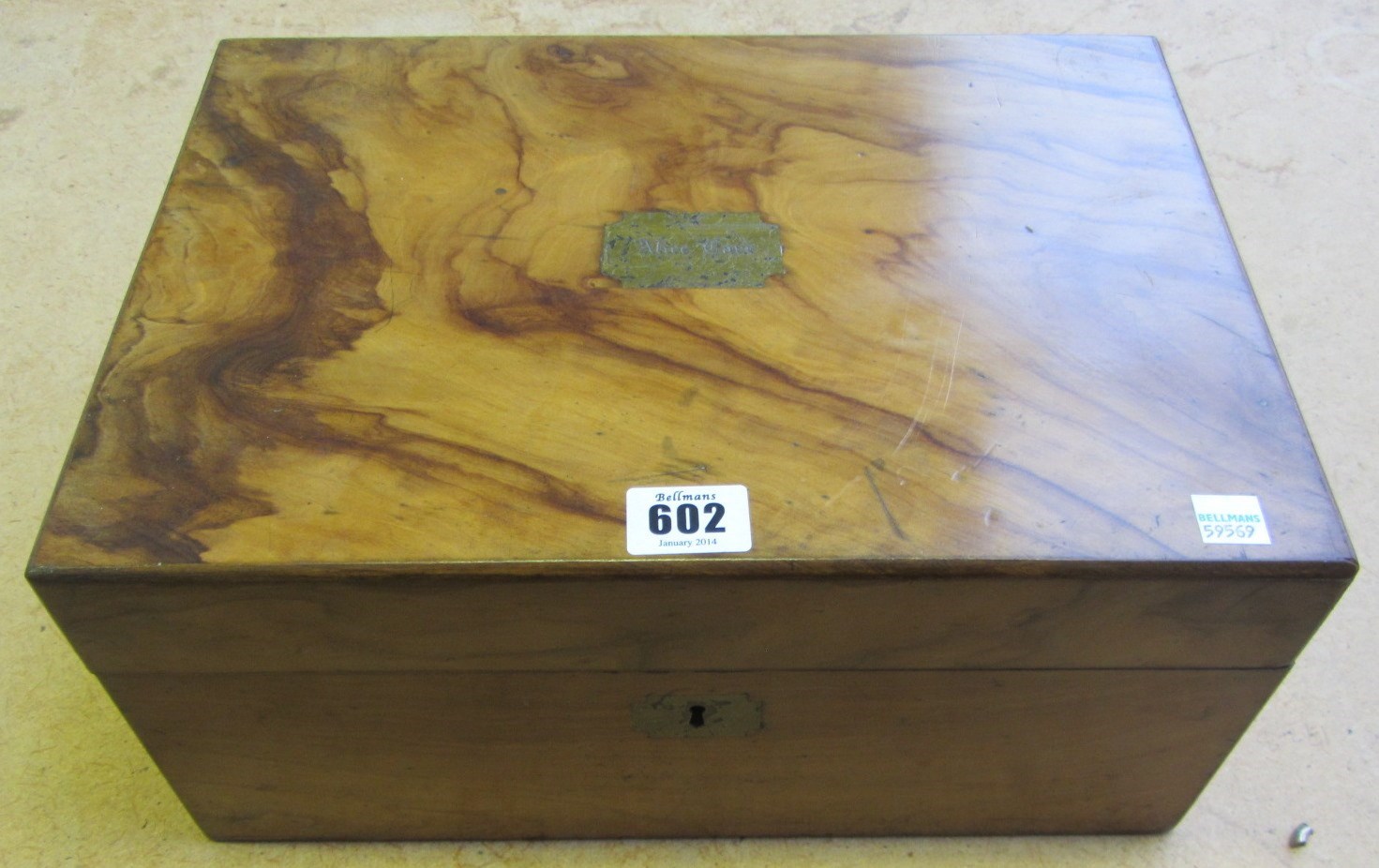 Appraisal: A th century olive wood rectangular writing slope with fitted