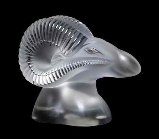 Appraisal: A Lalique Molded and Frosted Glass Sculpture depicting a ram's