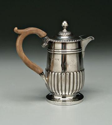 Appraisal: English silver milk pitcher round stop-reeded body ball finial wooden