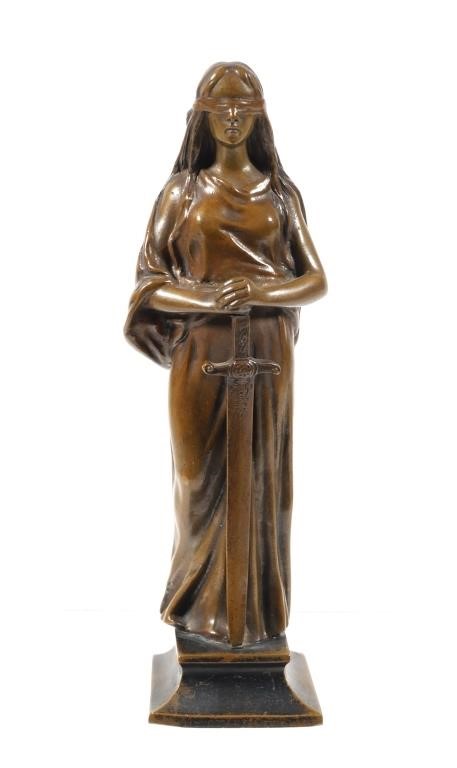 Appraisal: Antique circa bronze sculpture of blindfolded woman holding a sword