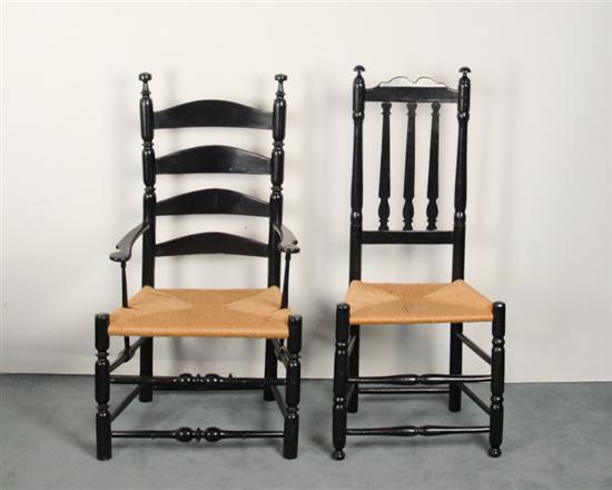 Appraisal: Two Early Black Painted Chairs each with rush woven seats