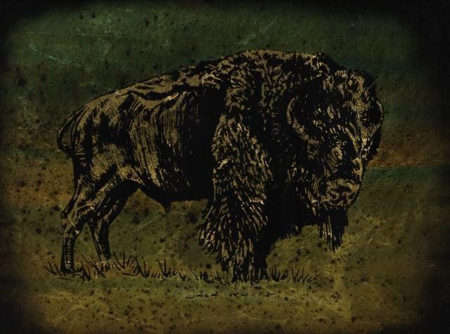 Appraisal: Framed gold leaf gilt foil art on glass American Bison