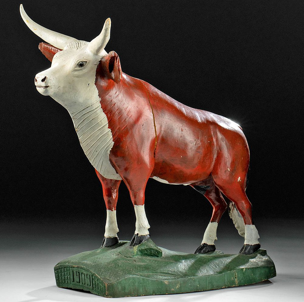 Appraisal: Latin American Painted Wood Bull Statue ca Latin America Mexico